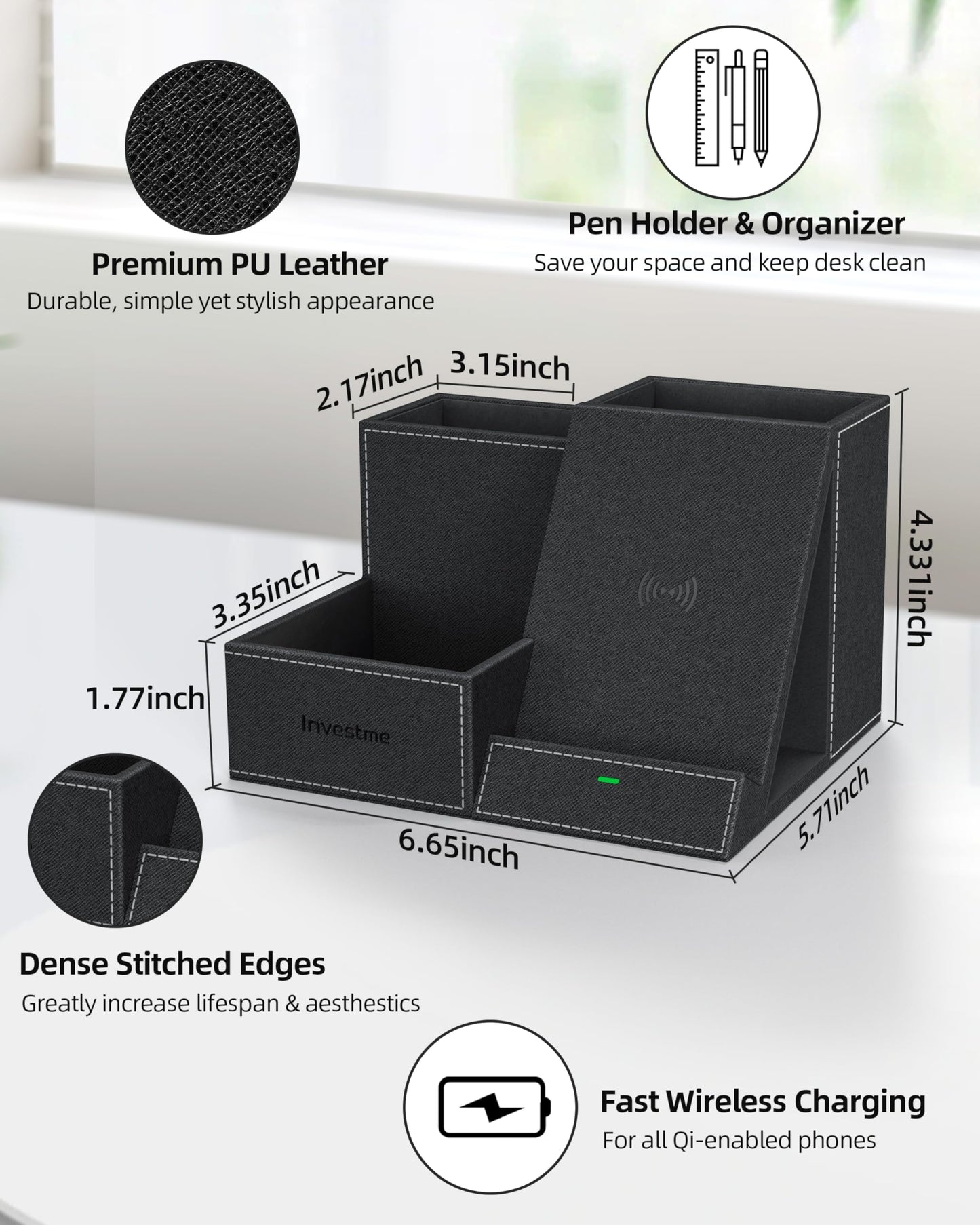 Investme Wireless Charger with Desk Organizer, Pen Pencil Holder, Multifunctional Desktop Organizer, Office Supplies and Desk Accessories Organizer with 3 Compartments and 1 Phone Stand