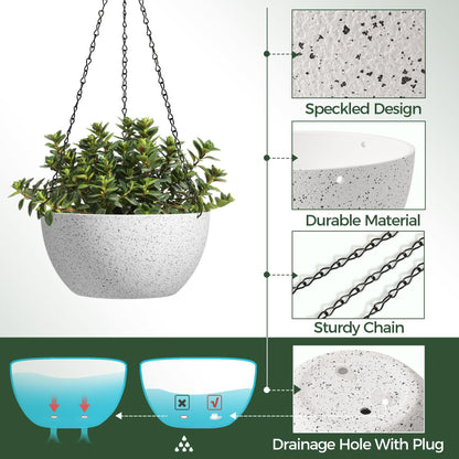 T4U 10 Inch Hanging Planters for Indoor Outdoor Plants - 2 Pack Plastic Hanging Flower Plant Pot with Drainage Hole, Round Hanging Plant Basket for Home Garden Porch Balcony Patio Decor (White)