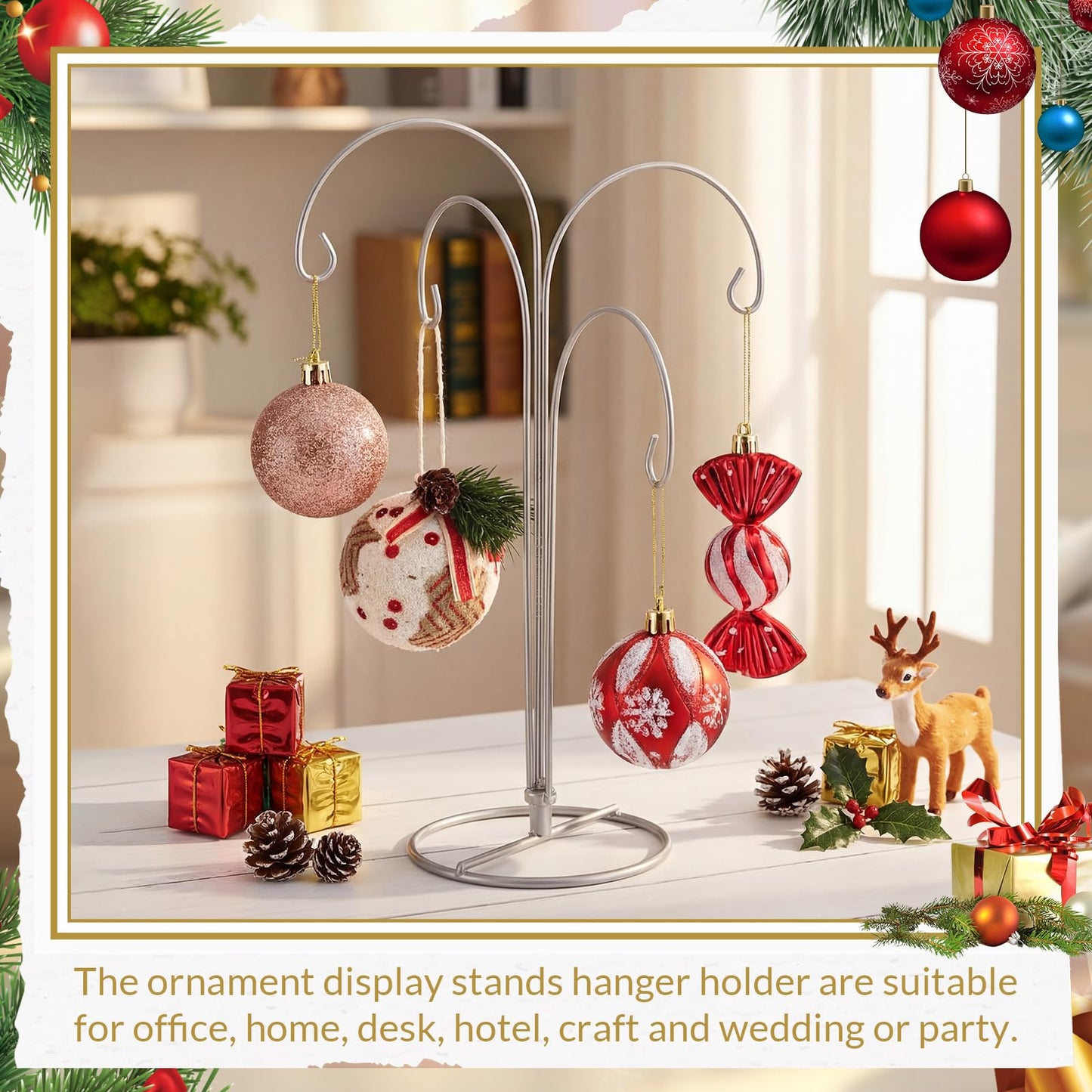 Otoolling 4 Arms Ornament Display Stand Holder 12 Inch Christmas Hanger Hook Dog Cat Glass Ball Bauble for Christmas Wedding Home Office Decoration(Silver)