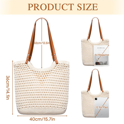 Toptime Crochet Beach Bags for Women, Woven Beach Tote Bag with Zipper & Leak-Proof Lining, Lightweight Boho Shoulder Bags with Leather Handle, Large Capacity Handbags for Summer Vacation Travel