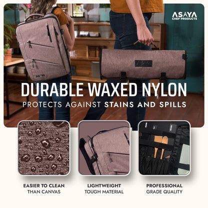 Asaya Chef Knife Backpack with 20-Pocket Knife Roll Bag - Over 30 Storage Pockets Chef Bag, Professional Backpack for Chefs and Culinary Students – Knives Not Included (Brown)