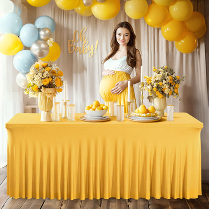 PARTISKY Golden Spandex Tablecloth for 6ft Rectangle Tables, Stretchable Table Cover Skirt for Folding Tables Weddings Parties Banquets Events Trade Shows and Dessert Table