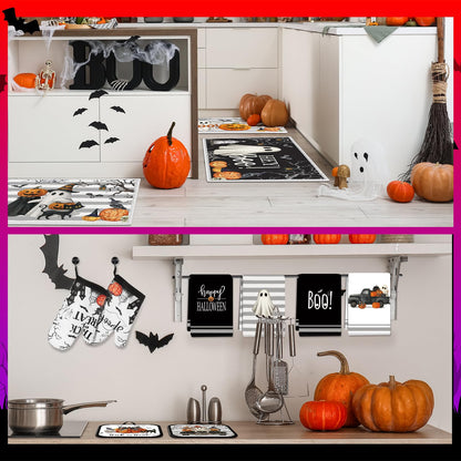 Teenyyou 11 Pcs Halloween Kitchen Mats Oven Mitts Towels and Pot Holders Set Hey Boo Rugs Ghost Kitchen Towels Pot Holders Pumpkin Oven Mitts for Halloween Home Cooking Decor Party Gift