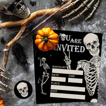 Whaline 25 Sets Halloween Invitations with Envelopes Stickers Black Dancing Skeleton Invitation Cards Blank Invites for Birthday Party Supplies, 5 x 7 Inch