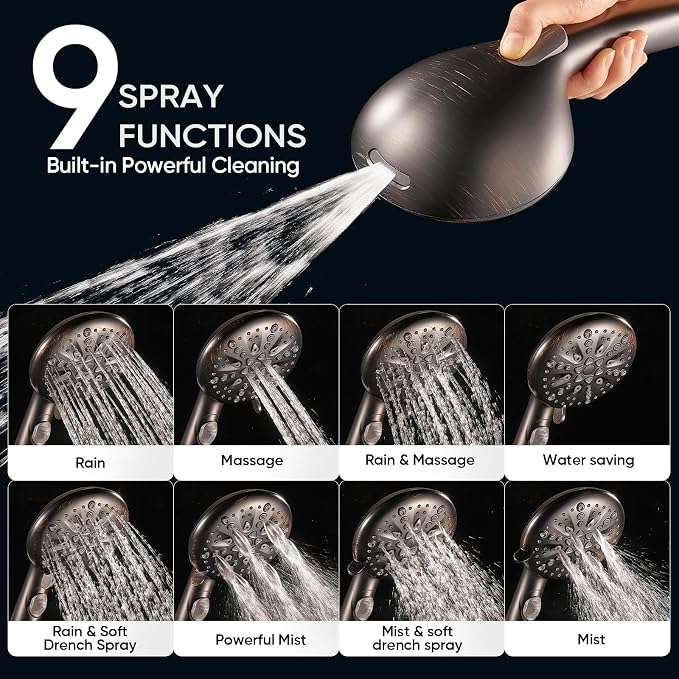 Cobbe 9-Function Shower Head with Built-in Power Spray, 1.8 GPM Water Saving ON/OFF Toggle Switch, High Pressure Handheld Showerhead with 1-Click Pause Button, Brass Bracket & 6ft Hose, ORB
