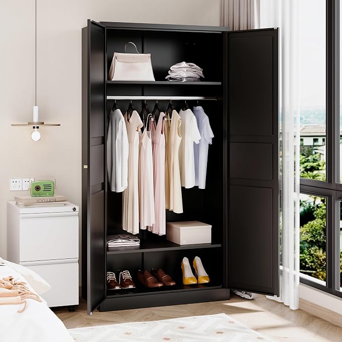BYNSOE Metal Armoire Wardrobe Closet with 2 Doors 72'' Wardrobe Cabinet with Hanging Rail Metal Closet with Adjustable Shelves for Bedroom Require Assembly (Black, 72inch)