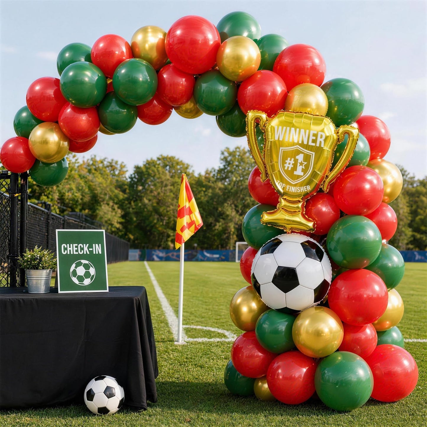 Red and Green Soccer Balloons, 12 Inch Green and Gold Soccer Balloons with 22" Soccer Foil Ball Gold Trophy Balloon for Boys Men Sports Theme Birthday Football Game Day Party Decorations Supplies