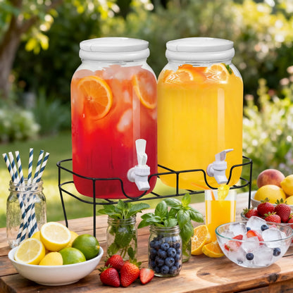 Tanlade 2 Pcs Plastic Drink Dispenser with Stand Beverage Dispenser with Sturdy Metal Base Juice Dispensers for Parties Lemonade Jar with Spigot for Weddings Countertop Water Tea, Each 1 Gallon