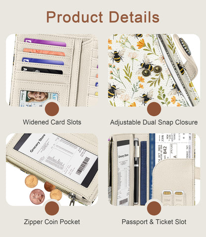 Flowers Bees Wallet Women RFID Blocking Bifold, Cute Passport Holder, Zipper Coin Pocket, Credit Card Holder, Travel billfold, PU Leather, Clutch, Cash Purse, Gift for Woman Ladies Female Girls