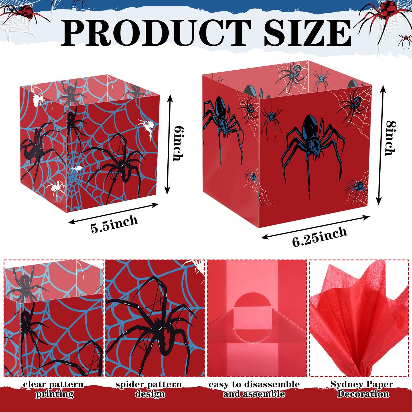 Spiareal 6 Set Spider Birthday Party Decoration Favor PVC Spider Snack Popcorn Bucket Centerpiece for Table Candy Cookie Treat Container with Red White Blue Snow Pear Paper for Birthday Party Supplies