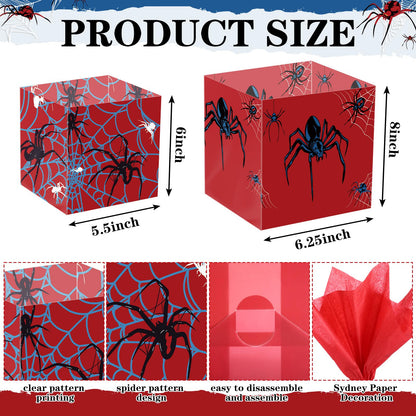 Spiareal 6 Set Spider Birthday Party Decoration Favor PVC Spider Snack Popcorn Bucket Centerpiece for Table Candy Cookie Treat Container with Red White Blue Snow Pear Paper for Birthday Party Supplies