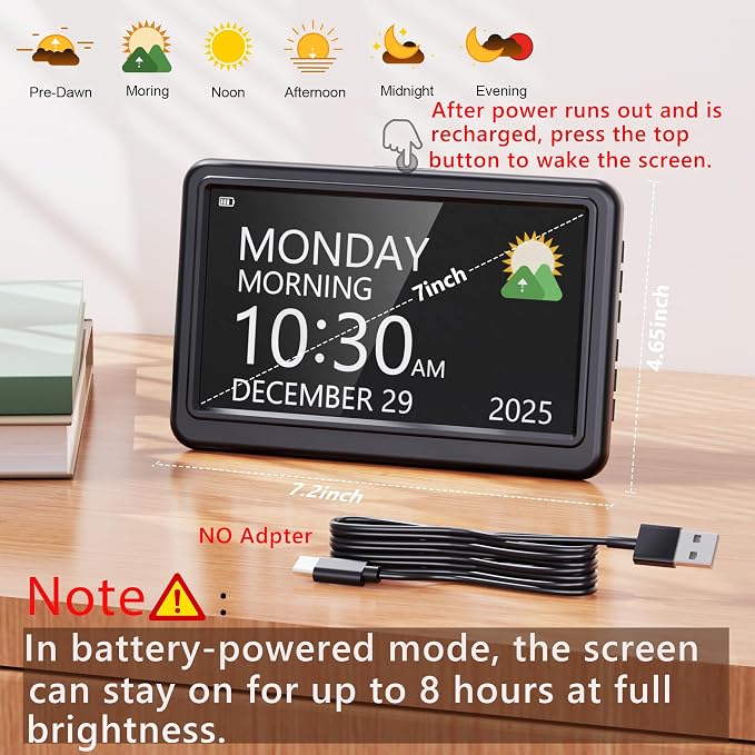 PPLEE Digital Clock Large Display – Dementia Clocks for Seniors, 7-Inch HD Display, Multiple Alarms with Repeat, Adjustable Brightness, Calendar & Custom Themes, Ideal for Elderly and Caregivers