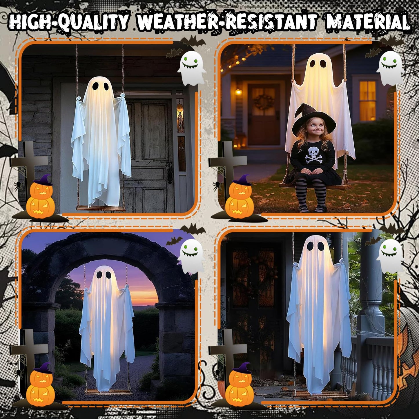 TitTees Halloween Decorations Outdoor, 5FT Large Hanging Ghost Swing with Remote Control String Lights, Spooky Cute Ghosts Decorations for Tree Porch Yard Garden Lawn