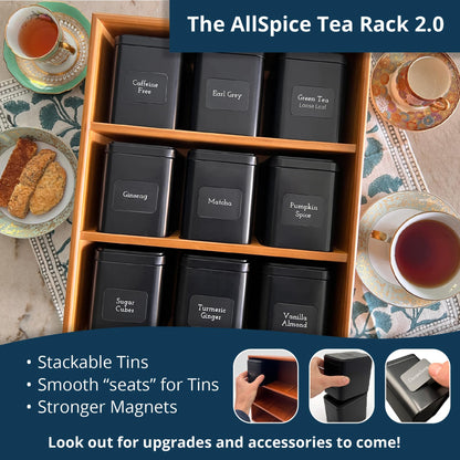 AllSpice Tea Organizer Rack with 9 Tins & 160 Magnetic Labels – Perfect for Bagged & Loose Leaf Tea Organization - Bamboo