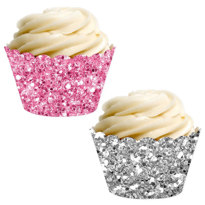 Andaz Press Party Cupcake Wrapper Decorations, Pink And Silver Glitter Paper, 24-Pack, Bulk Cake Supplies Pink Cupcake Wrappers Girl Baby Shower 1st Birthday, Not Real Glitter Silver Cupcake Wrappers