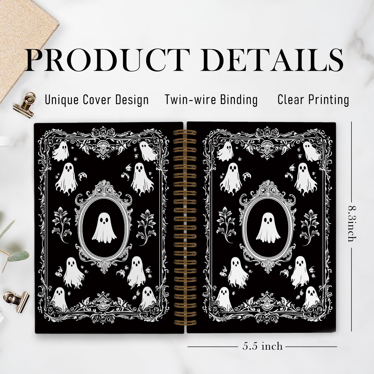 QLMX Gothic Ghosts Spiral Notebook, Witchy Goth Ghost Journal Notebook, Halloween Spooky Ghost Notebooks for School Work, Dark Academia Office Supplies Gifts for Women Men, 5.5x8.3 Inch