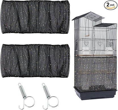 JULMELON 2Pcs Adjustable Bird Cage Seed Catcher(Black) Birdcage Nylon Mesh Cover Twinkle Star Universal Birdcage Cover for Parakeet Round Square Cage with Spring Hook