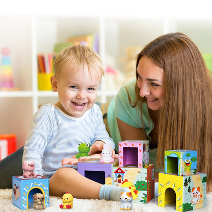 ShyLizard Toddler Farm Animal Sorting and Stacking Toys, Nesting Boxes and Blocks With Finger Puppets - Gifts for 1-3 Year Olds