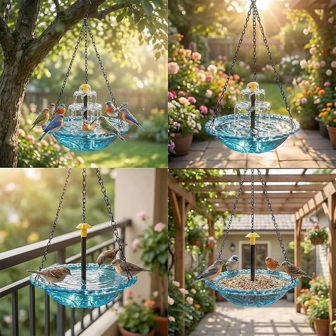 2026 Solar Cascade Hanging Bird Bath Fountain - 3 Layers Outdoor Water Feature for Hummingbirds, Easy-Clean 9.3" Glass Basin with Solar Powered Pump, Attract Wild Birds to Garden, Patio (Gray)