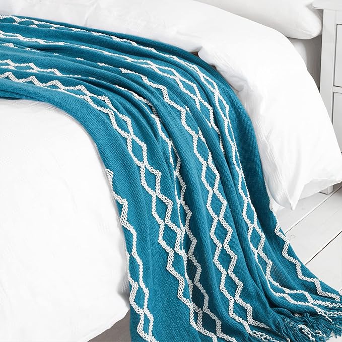 BOURINA Fluffy Chenille Knitted Fringe Throw Blanket Lightweight Soft Cozy for Bed Sofa Chair Throw Blankets, Teal 50" x 60"