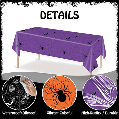 Sundonix Halloween Tablecloth Plastic Disposable - Table Cloth Cover Party Decorations for Rectangle Tables Black Spider Web Purple Orange 54x108 Inch(3 Pack)