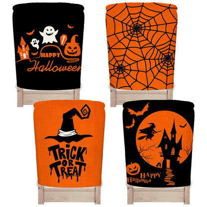 Whaline 4 Pack Happy Halloween Chair Covers Spooky Chair Back Covers Halloween Ghost Witch Bat Dining Room Seat Covers Orange Black Chair Slipcovers for Home Dining Room Kitchen Halloween Party