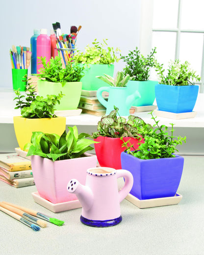 Fun Express DIY Ceramic Pot Watering Can Planter Pottery Kit for Kids - Paint Your Own Ceramic Painting Kit with 12 Small Flower Pots | Ceramics to Paint Crafts for Classroom, Home & Birthday Party