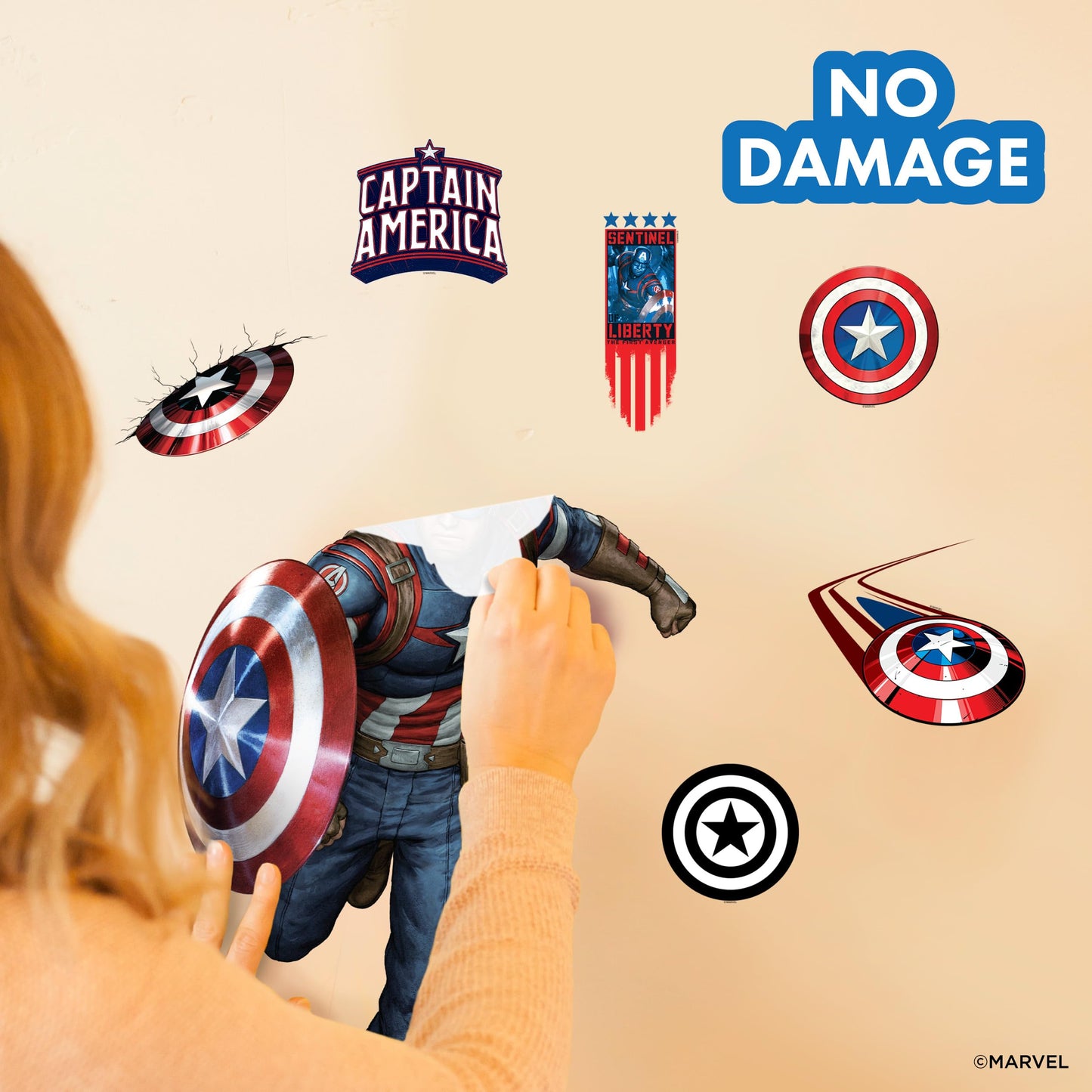 Wall Palz Marvel Captain America Wall Decals - 24" Avengers Removable Vinyl Stickers for Kids Bedroom Playroom Bathroom - Peel and Stick Room Décor