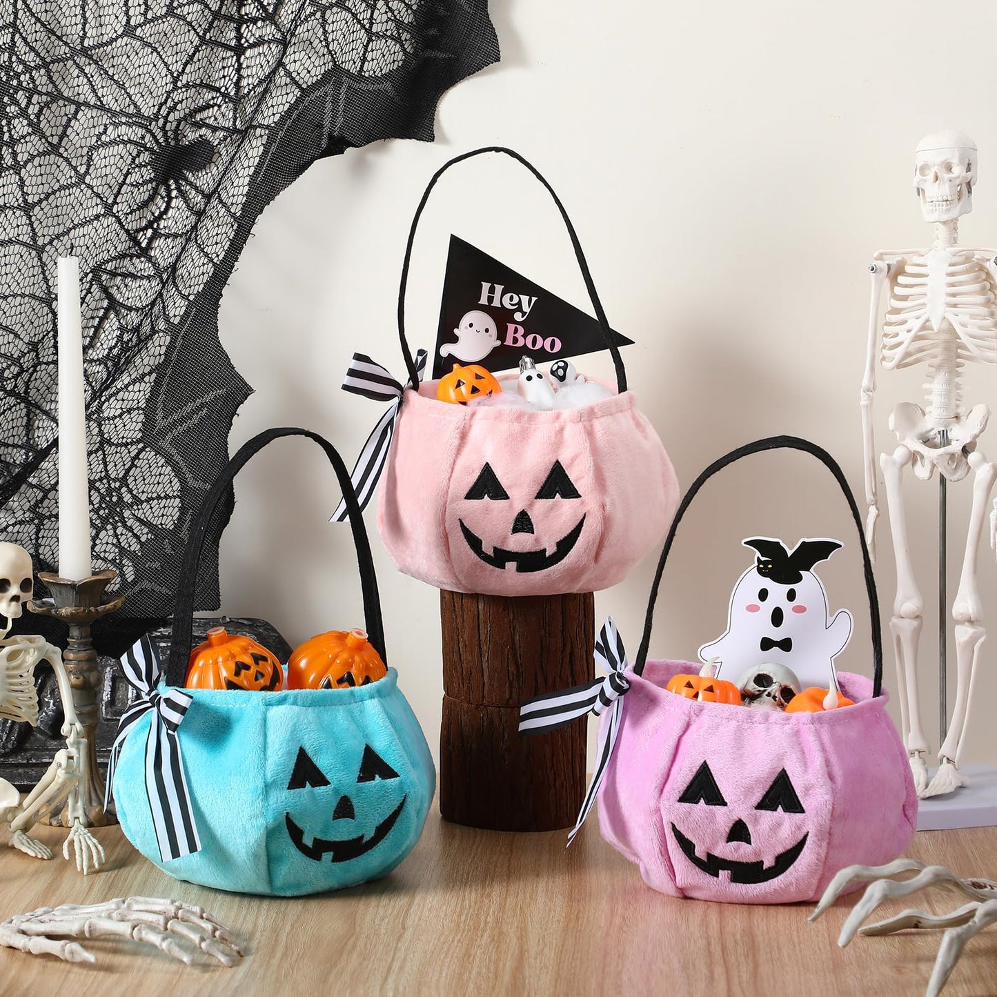 Sunnymove 3 Pcs Summer Halloween Pumpkin Basket 7.9 x 5.12 Inch Pastel Small Pumpkin Basket Trick or Treat Buckets Goodie Candy Gift Bags with Handle for Halloween Exchange Supplies(Pastel)