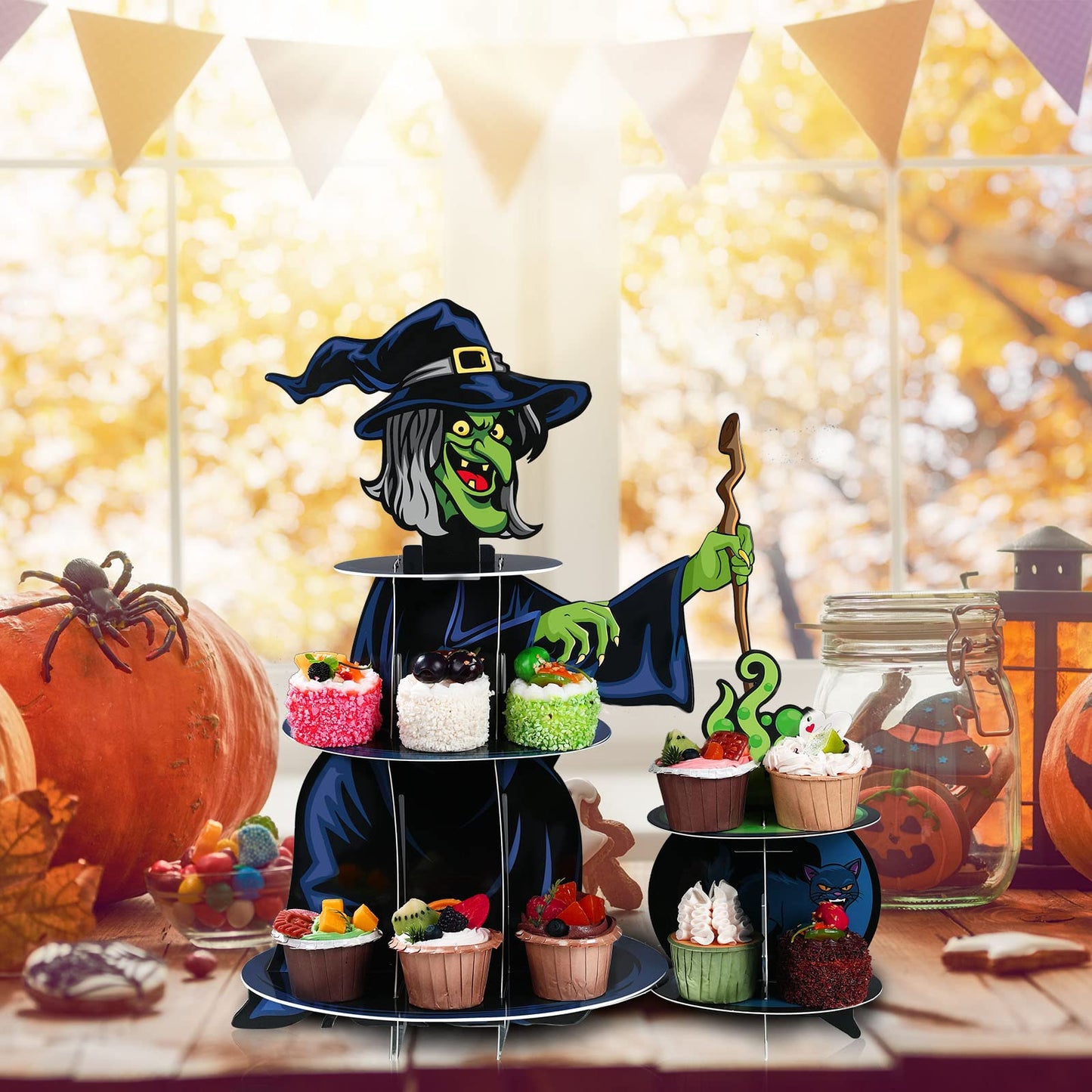 Nuenen Halloween Cupcake Stand Decoration 3 Tier Cardboard Cupcake Holder Party Pumpkin Witch Cupcake Tower for Treat Birthday Baby Shower Party Decor