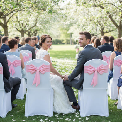 LOYIM 10 Pcs Spandex Chair Sashes for Wedding Elastic Chair Bows Sashes Universal Decorative for Party Baby Shower Ceremony Reception Banquet Decorations(Pink)
