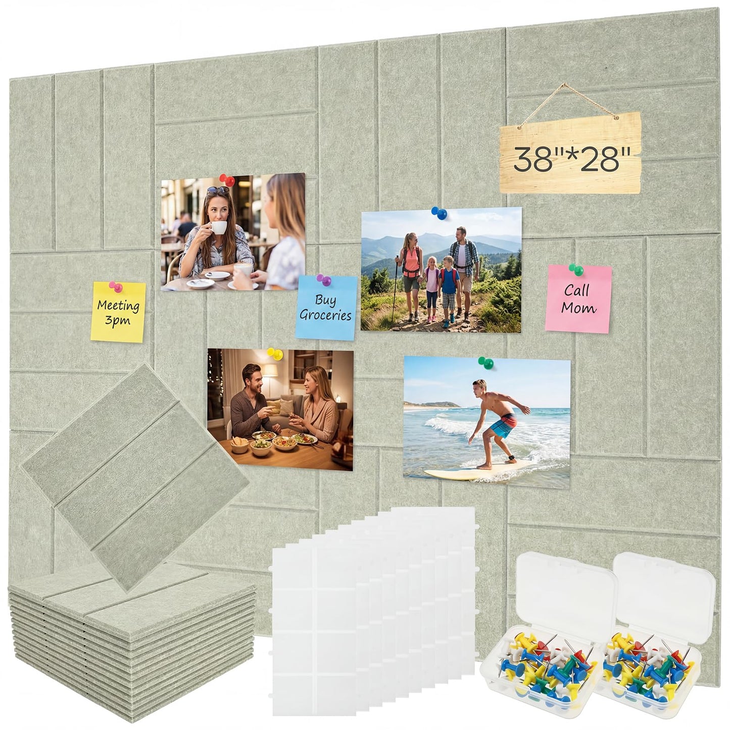 12 Pack Felt Bulletin Board Tiles - Modular Wall Panels (9.45"x9.45" Each), 0.35" Extra Thick Cork Board Alternative with Adhesive Tabs & Push Pins for Office Decor (Sage Green)