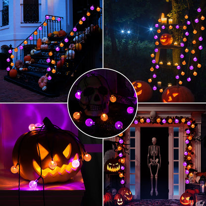 Lomotech Halloween Solar Lights - 72FT 100 LED Orange Purple String Lights Outdoor, 8 Modes Waterproof Crystal Globe Lights for Halloween Decoration