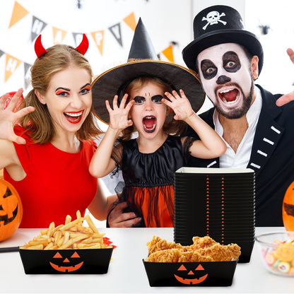 Whaline 50Pcs Halloween Paper Food Trays Grimace Pumpkin Paper Food Boats Orange Black Food Holder Disposable Serving Trays for Party Supplies