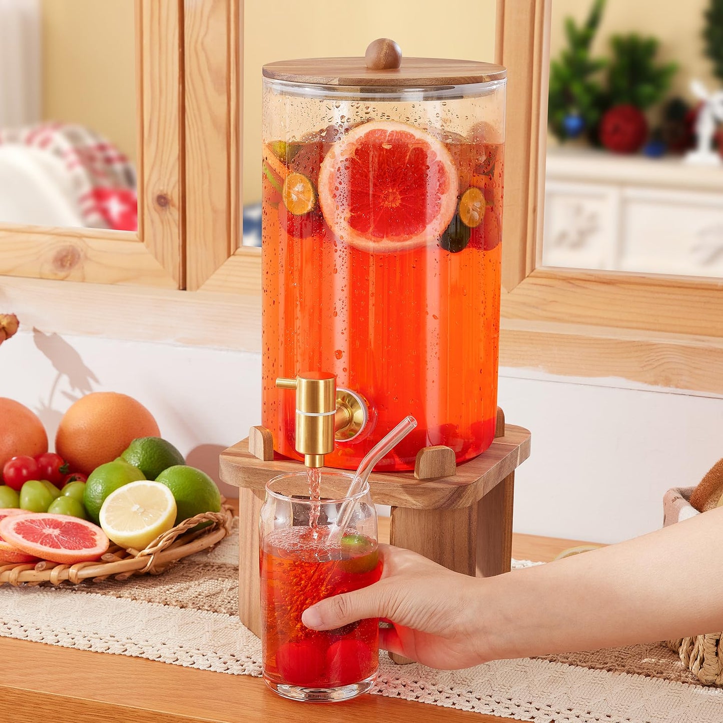 1 Gallon Glass Drink Dispensers: Beverage Dispenser For Parties With Wood Stand, Large Water Drink Dispensers With Stainless Steel Spigot, Ideal for Lemonade,Juice, Tea, and Party Drinks