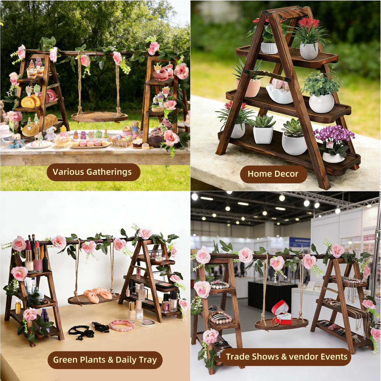 Wooden Cupcake Stand, 3 Tier Dessert Display Serving Tray with Swing and Flower Decoration, Foldable Tiered Ladders Stand for Party, Birthday, Wedding, Baby Shower, Table Food Display for Fruit Bread