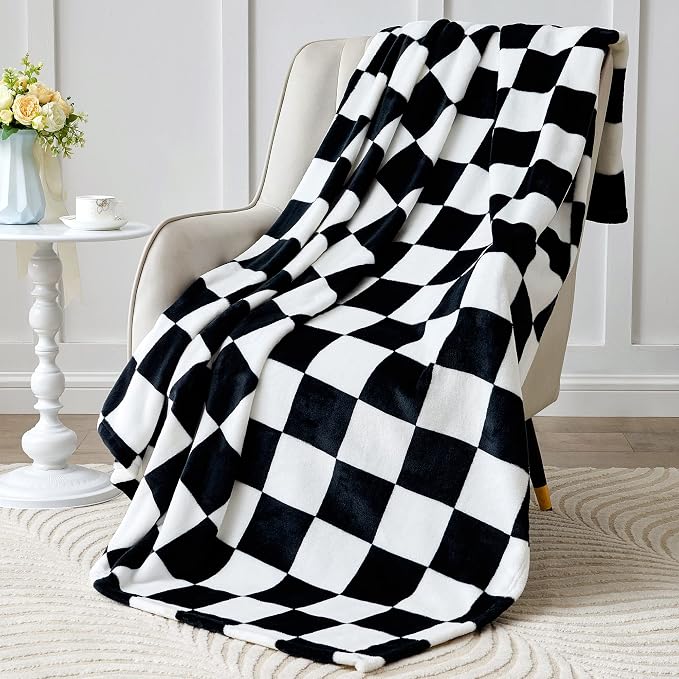 BEDELITE Checkered Twin Blanket for Couch Bed, Soft & Cozy Fleece Flannel Blanket with Checkerboard Grid Home Decor, Checkered Black, 60x80 Inches