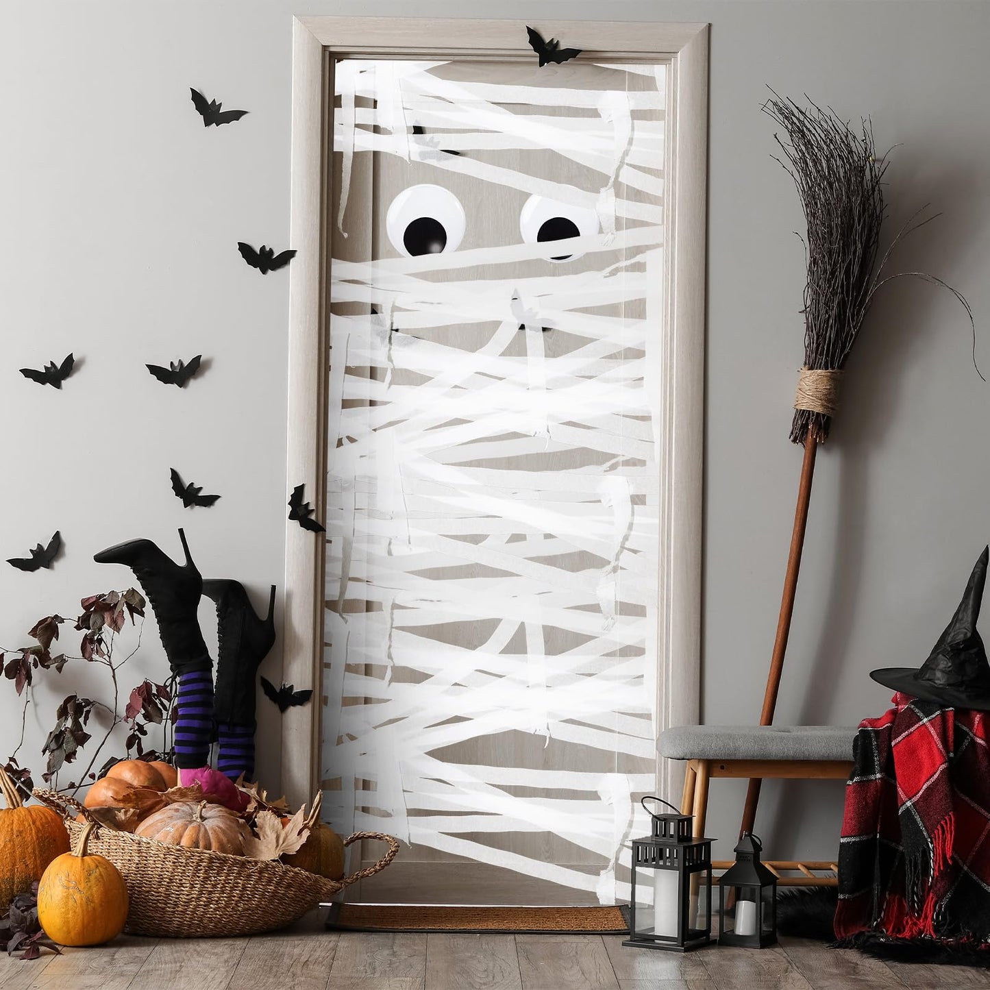 WinnerWhy Halloween Mummy Decorating Kit with Large Googly Eyes Crepe Paper Streamers and Masking Tape for Halloween Party Door DIY Decor(White,Non-luminous)