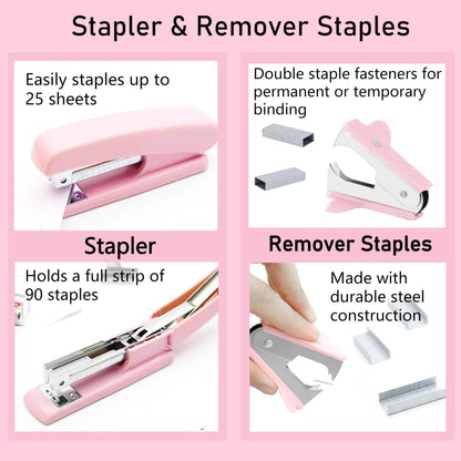 Pink Office Supplies, Pink Desk Accessories, Stapler, Staple Remover, Tape Holder, Pen Holder, Ballpoint Pen, Scissor, Binder Clips, 1000pcs Staples, Phone Holder, Ruler, Transparent Glue and Notes