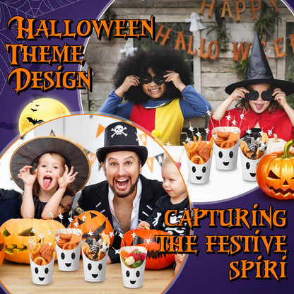 Chengu 260 Pcs Halloween Charcuterie Cups with Picks Sets 60 Pcs 14 oz French paper Appetizer Cups 200 Cocktail Pick Disposable Snack Fruit Stick for Halloween party Decor Supplies(Ghost Style)