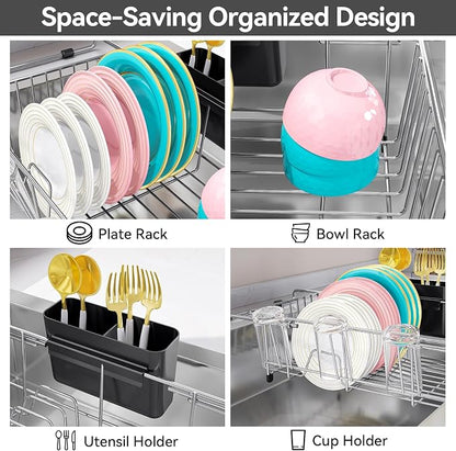 Urackify Dish Drying Rack in Sink, Stainless Steel Expandable Over the Sink Dish Rack with Utensil Holder & Cup Holder, Kitchen Drying Rack for Inside Sink, 15.35" x 11.02" x 4.84", Silver