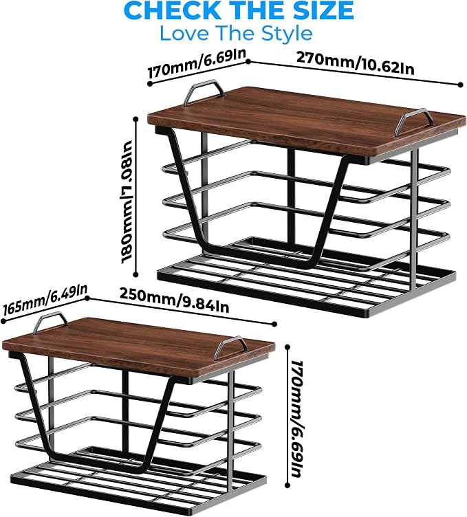 2 Pack Stackable Trash Bag Holders with Wood Top, Large & Small Garbage Bag Dispenser for Kitchen, Pantry, Laundry Room Organization, Wall Mount or Countertop Use, Black