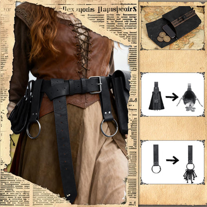 Treature Medieval Belt Pouches - Renaissance Belt Pouch Coin Purse Skirt Hike Set - Medieval Pirate Costume Halloween Cosplay for Ren Faire. (Black)