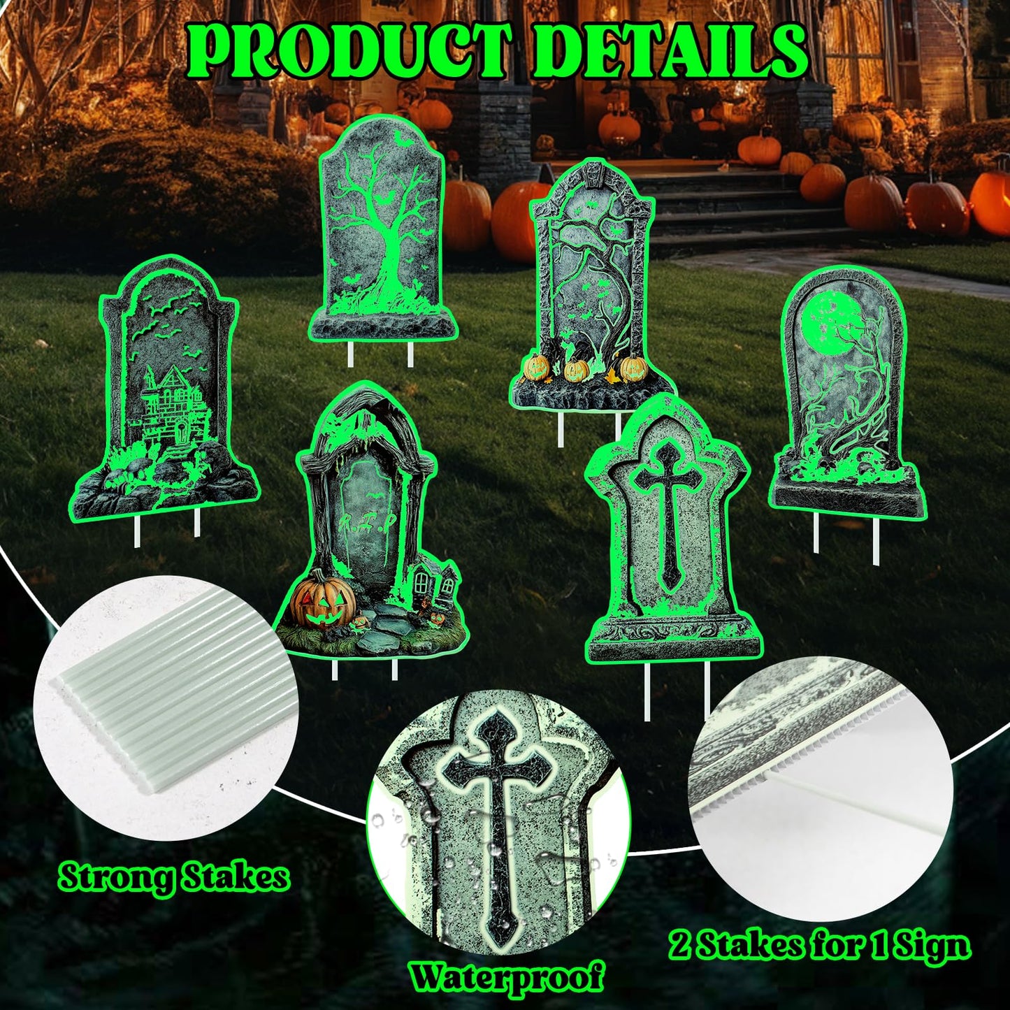 Halloween Tombstone Decorations Outdoor, 6PCS 14" Glow in the Dark Graveyard Yard Signs with Stakes, Haunted Gravestones Lawn Signs for Halloween Cemetery Garden Yard Decoration Supplies