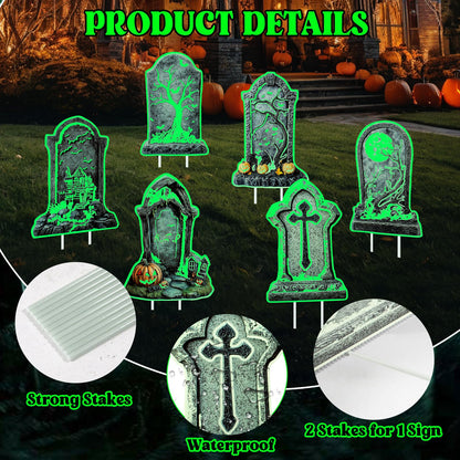 Halloween Tombstone Decorations Outdoor, 6PCS 14" Glow in the Dark Graveyard Yard Signs with Stakes, Haunted Gravestones Lawn Signs for Halloween Cemetery Garden Yard Decoration Supplies