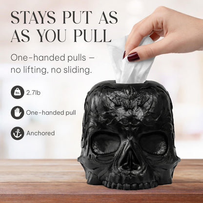 Death Decor Gothic Skull Tissue Box Cover – Heavyweight Square Tissue Holder – Won’t Move When Pulling a Tissue – Black Home & Bathroom Décor – Home Gift for Women & Men, Goth, Horror