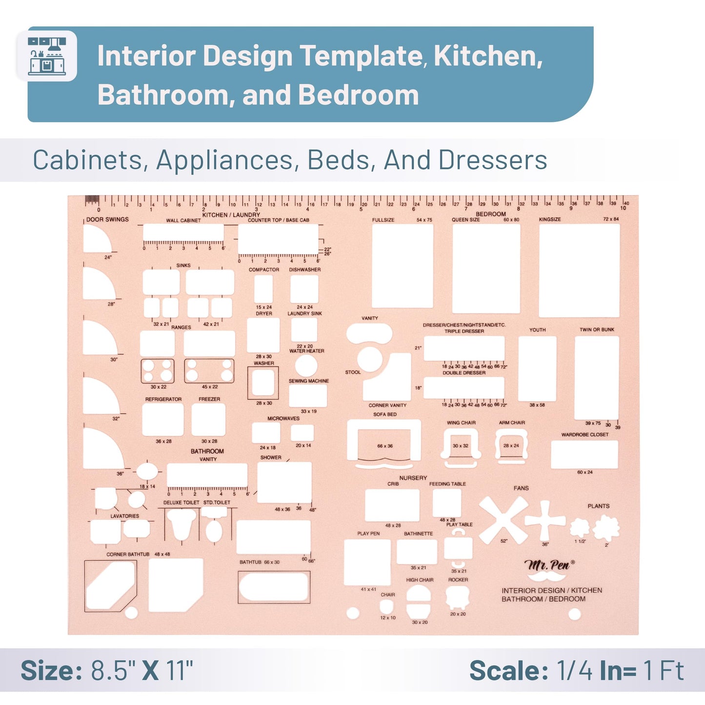 Mr. Pen- House Plan, 3 pcs, Interior Design and Furniture Templates, Clear Flexible Plastic, Drafting Tools, Ruler Shapes for Architecture, 1/4 Inch Scale, Kitchen, Bath, Bedroom, Office, Living Room