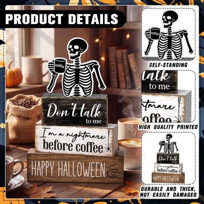Marsui 4 Pcs Halloween Coffee Bar Decorations Skeleton Nightmare Before Coffee Tabletop Decor Funny Gothic Wooden Sign Block Halloween Table Centerpiece for Home Indoor Office Shelf Tiered Tray Decor