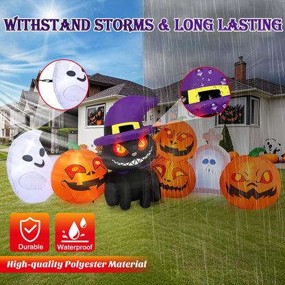 MICOCAH Halloween Inflatables Outdoor Decorations 8 FT Long Funny Pumpkin Black Cat Blow Up Lanterns Built-in LED Lights with Ghost Tombstone Scary Yard Decoration for Holiday Party Outside Lawn