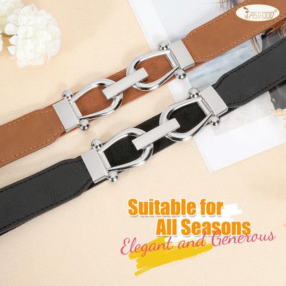 JASGOOD Women Stretchy Waist Belt Retro Elastic Skinny Belt for Ladies with Silver Buckle 2 Pack